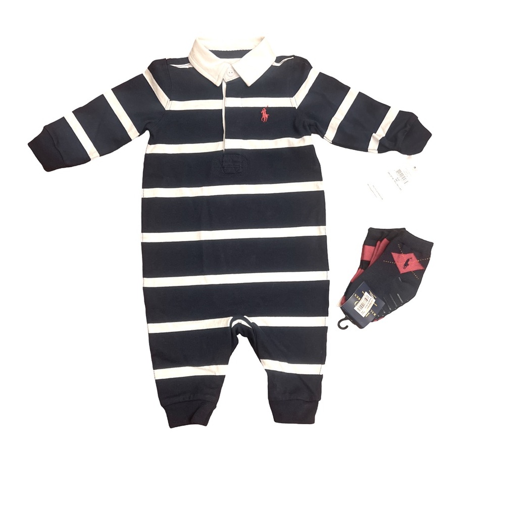 Ralph Lauren Set Striped Cotton Jersey Rugby Coverall Navy and 3 pk socks.  NWT